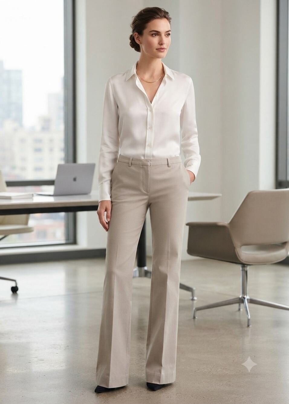 Theory Mid-Rise Flare Trousers Womens Size 6 Beige Cotton Stretch Career Office